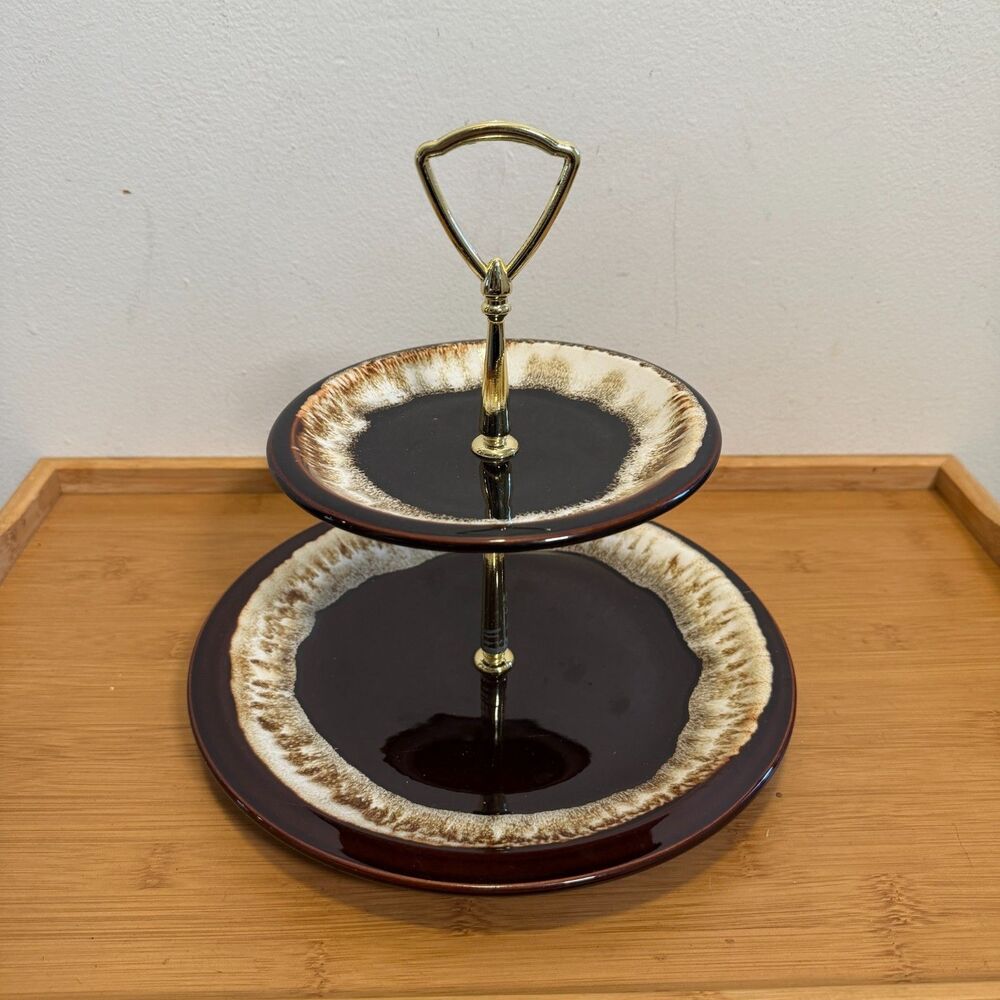 Vintage Pfaltzgraff Gourmet Brown Drip 2 Tier Serving Tray 10” 7” USA MCM